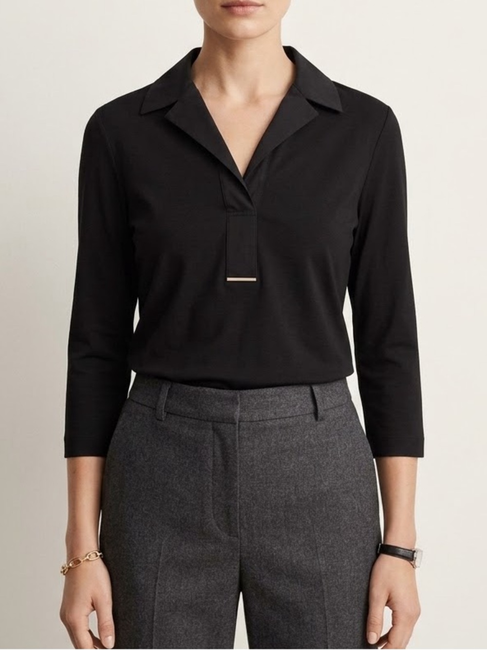 Lafayette 148 New York V-Neck 3/4 Sleeve Blouse Size Large Black Luxury Top